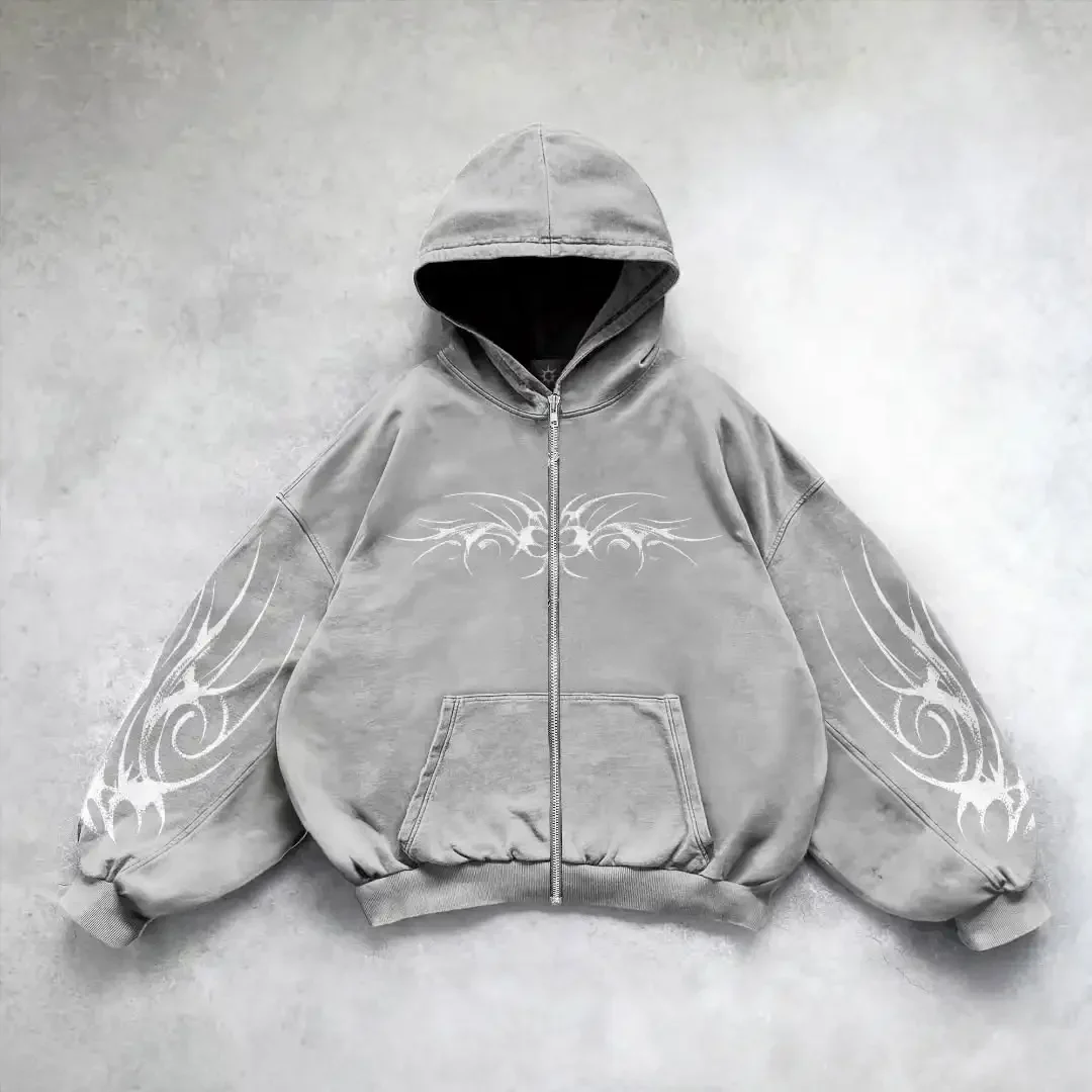 Hip-Hop-Herren-Reißverschluss-Hoodie Schwarz Grau 3D-Dunkelprint-Muster Y2k Gothic Harajuku Herbst Lockerer Modischer Persönlicher Street-Hoodie – Detail 5