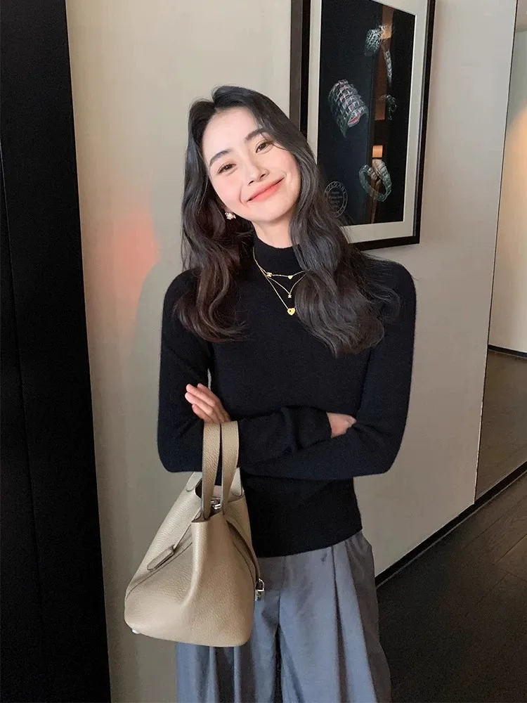 Slim Fit Camere Base irt Women's Overhead Ne Commute Sle Bla Knitted Sweater f High Collar Autumn Winter New Arr...