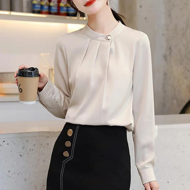 Ruffled Elegant Chic Stand Collar Office Lady Shirt New Korean Fashion Solid Long Sleeve Business Casual Top Blouse Women Blusas