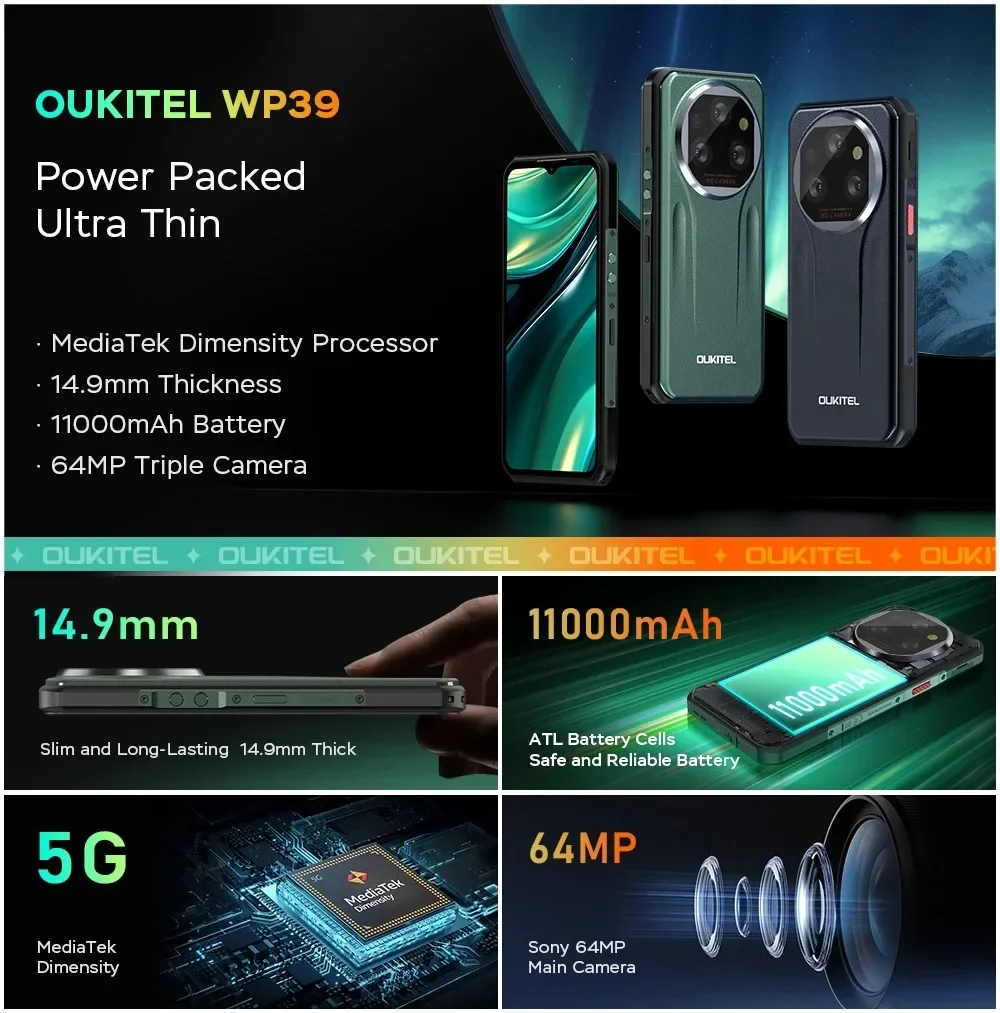 Прочный смартфон Oukitel wp39, 6,60 дюйма, FHD + 5G, 24 ГБ (6 + 18), 256 ГБ, 64 МП, камера, 11000 мАч, сотовый телефон, Android 14, глобальная версия