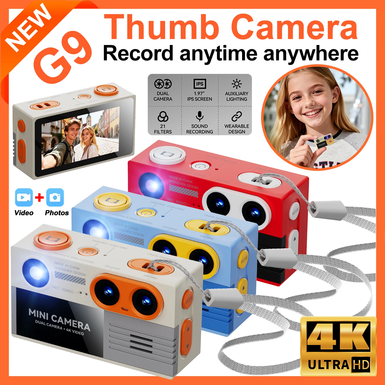 Mini appareil photo numérique G9 de la taille d'une paume, écran de 1,97 pouce avec lampe torche, plusieurs filtres, porte-clés, appareil photo numérique portable pour cadeau, NOUVEAU