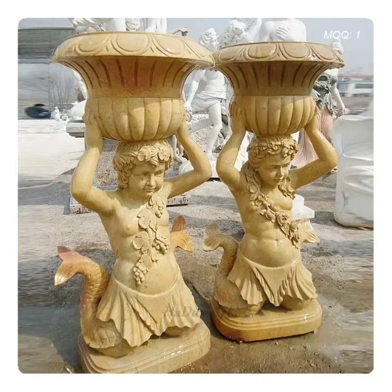 Outdoor Hand-Carved Character Sculpture Marble Flower Vase Statue Large Planter