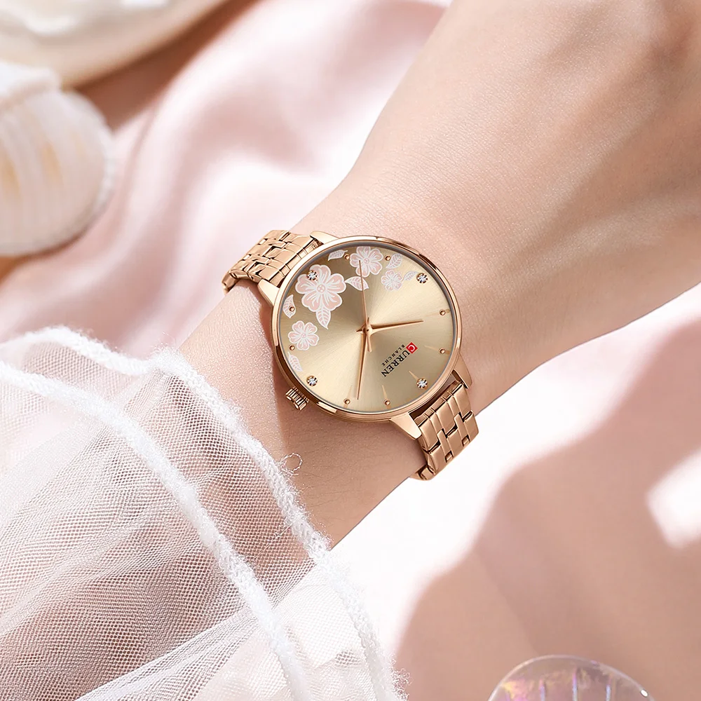 CURREN Fashion Quartz Wristwatches for Women Simple Stainless Steel Watch Bracelet with Flower Design Dial