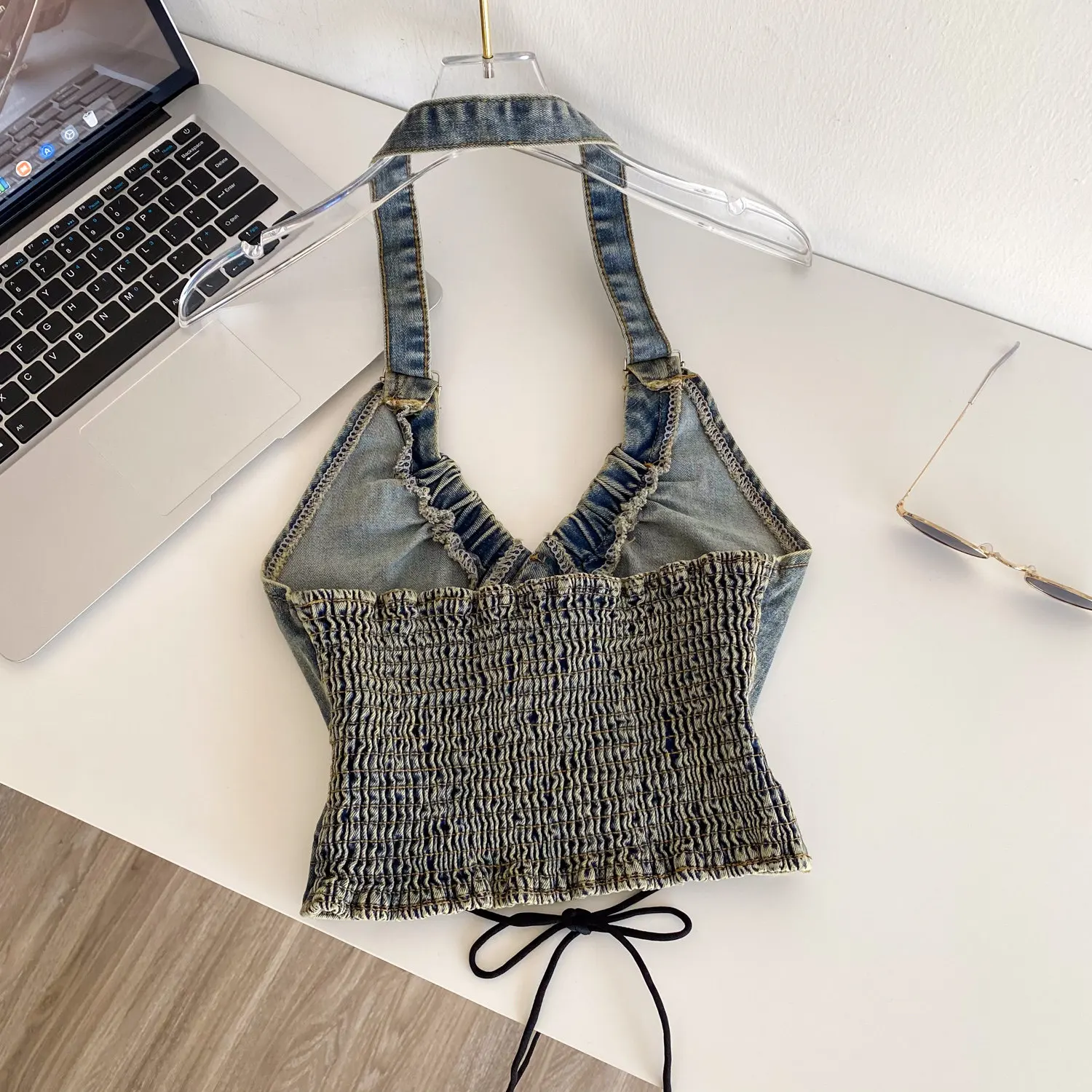 Vintage Elegant Sleeveless Draw String V-neck Crop Top Women Korean Fashion Streetwear women clothing