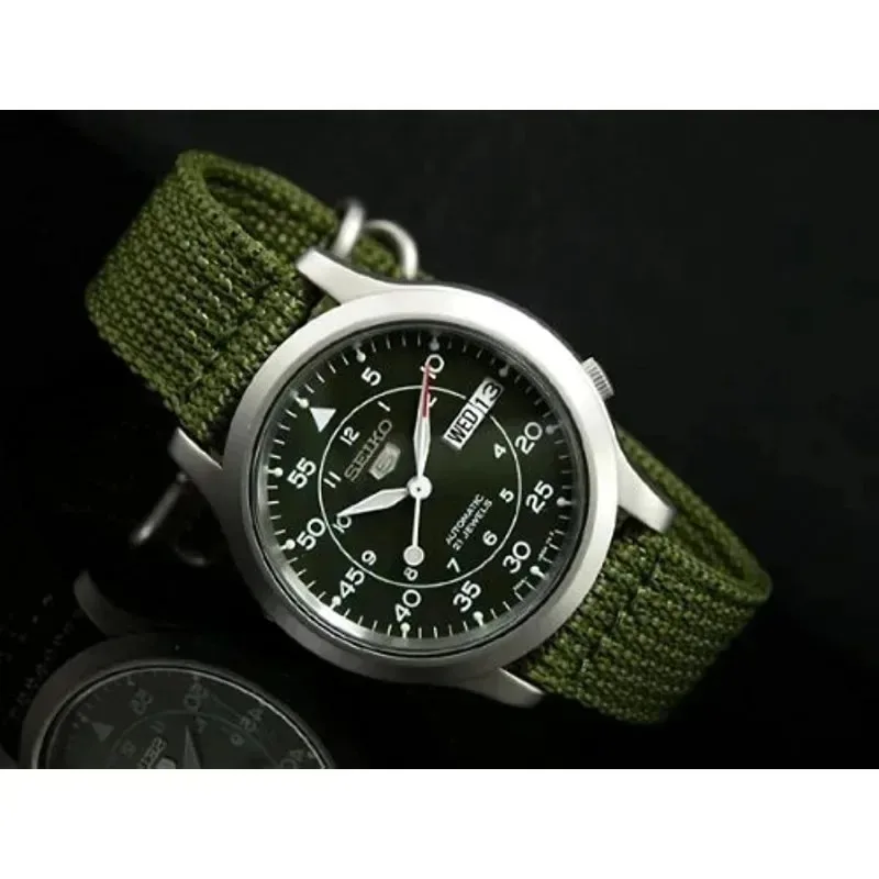 SEIKO SNK805 Watches for Men\'s 5 Quartz Stainless Steel Watch with Green Canvas Quartz Watch Mens Watches