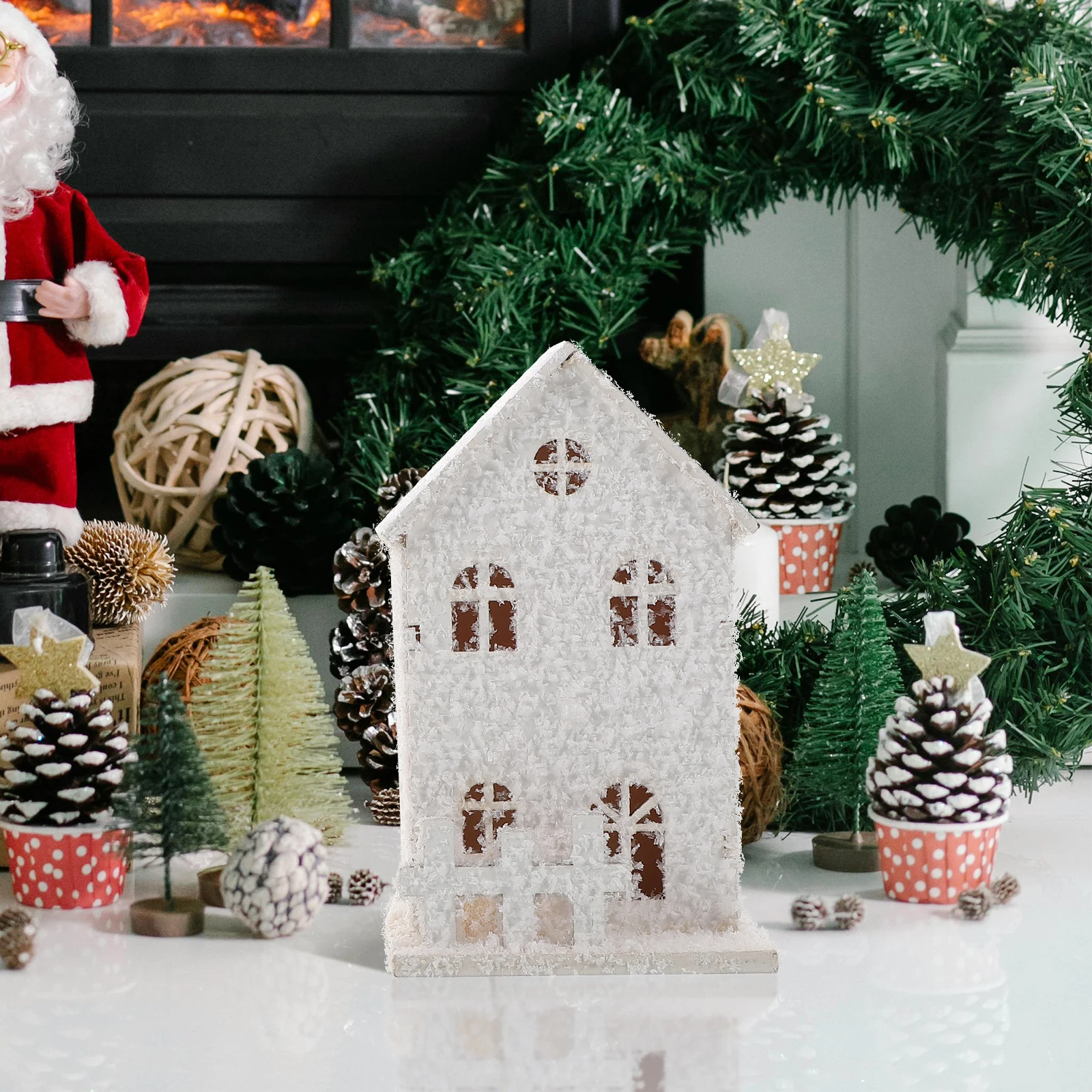 

2 Pcs Xmas Village LED Wooden House Ornaments Desktop Adornment Christmas White