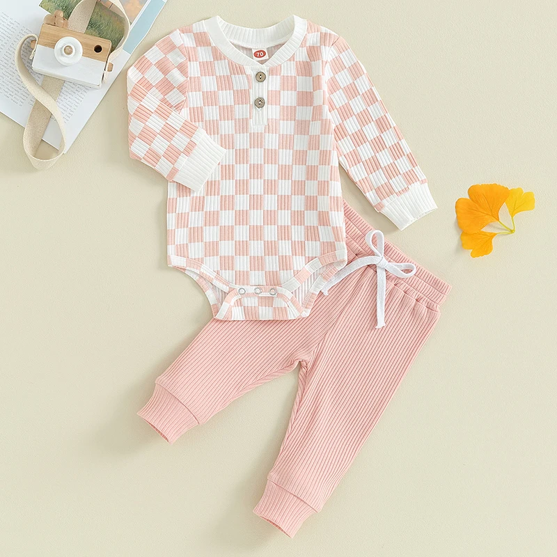 

Infant Baby Girl Boy Checkerboard Oneise Long Sleeve Romper Pant Ribbed Knit Cotton Fall Winter Clothes Newborn Gift