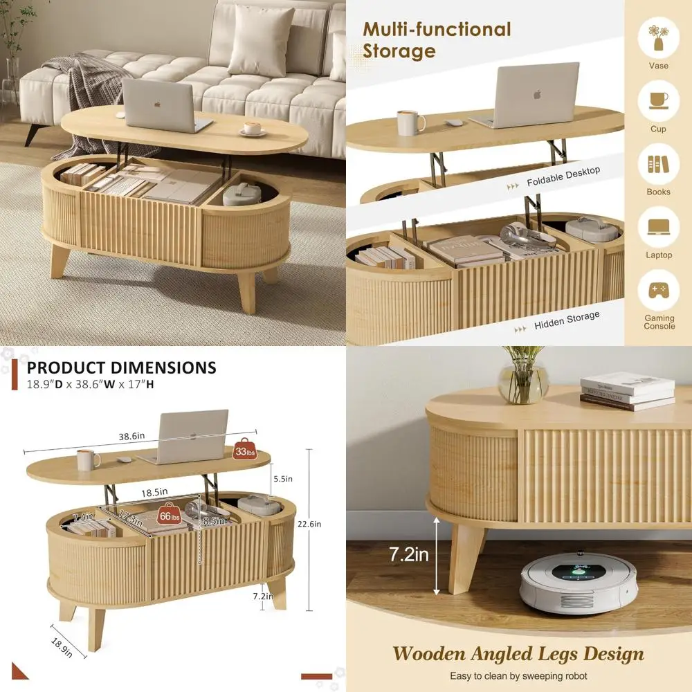 Meja Kopi Oval Modern dengan Penyimpanan Tersembunyi, Desain Bergalur untuk Ruang Tamu dan Kantor Rumah, Finishing Alami