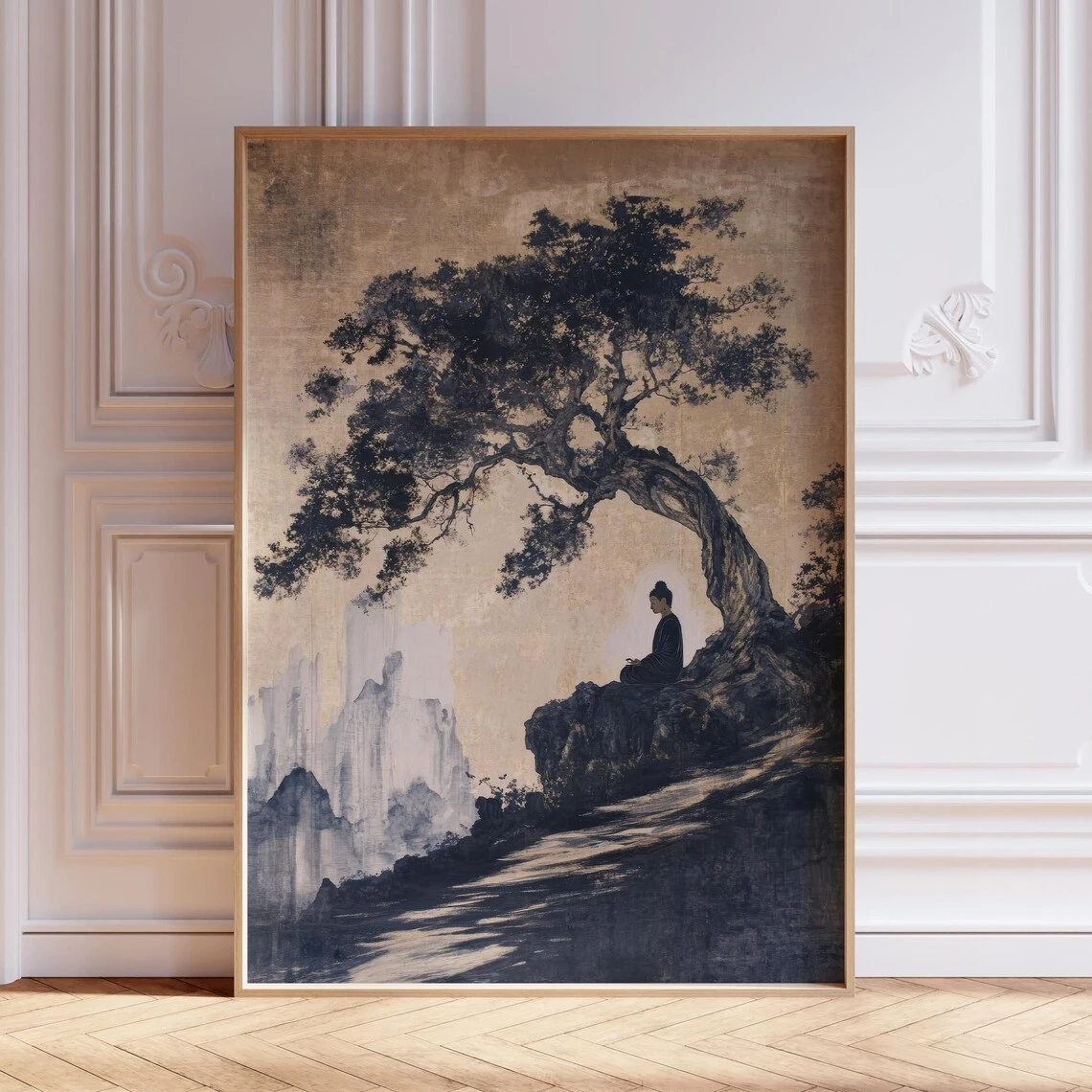 Religion Gloomy Zen Buddha Bodhi Tree Wandkunstdruck Leinwandgemälde Poster Bild für Wohnzimmer, Schlafzimmer, Heimdekoration