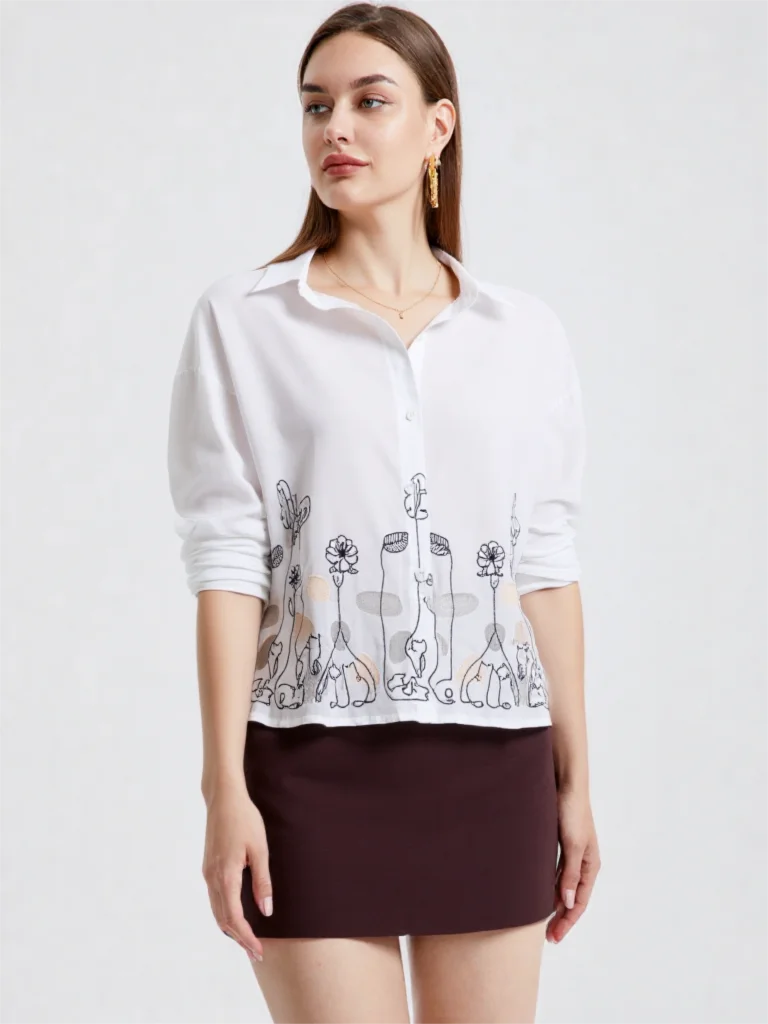 

2026 New Spring Shirt Women Embroidered Cotton Blouse - Preppy Style Black White Top School Girl Fashion
