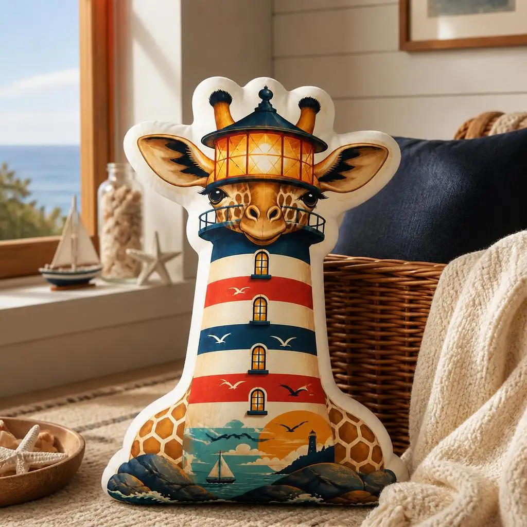 Giraffe Lighthouse Shaped Throw Pillow Coastal Nautical Cushion Whimsical Animal Home Decor Sofa Accent Gift for Ocean Lovers