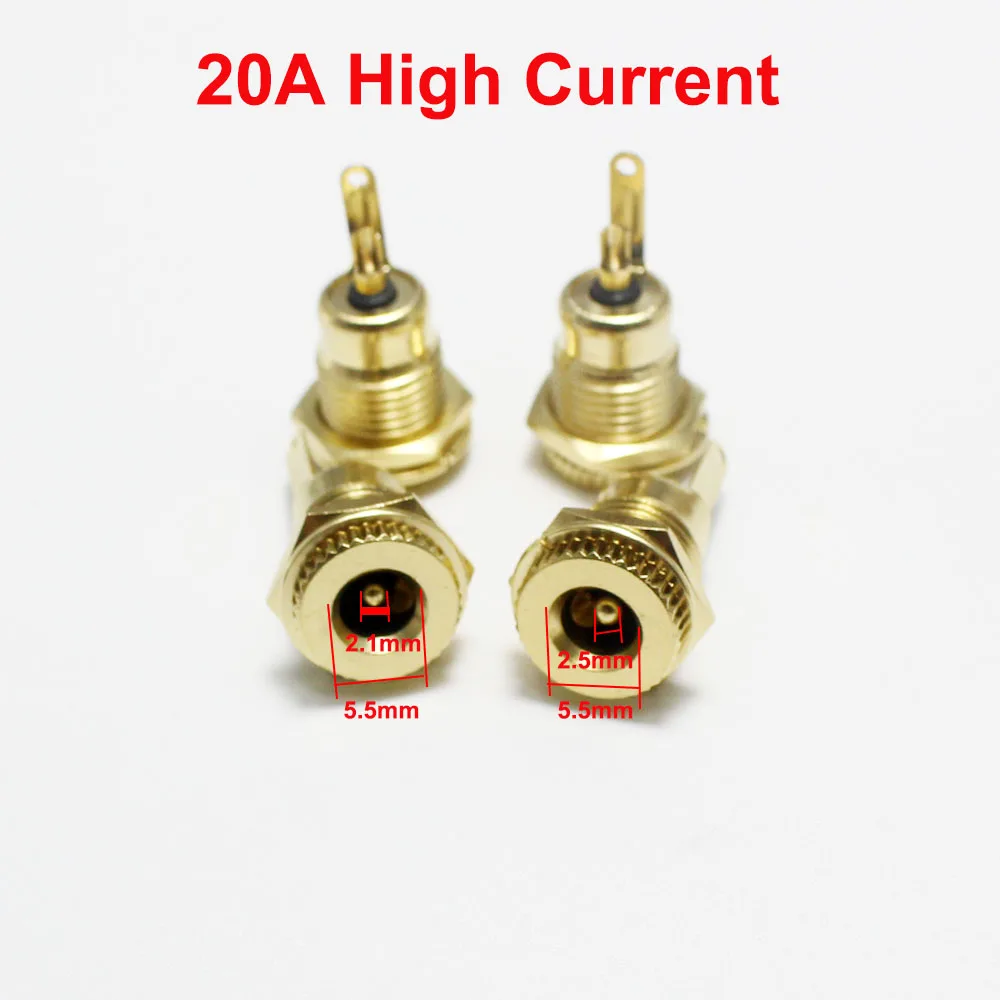 Gold-plated 30V 20A High Current DC Connectors 5.5x2.1mm 5.5*2.5 Power Female Jack Socket Nut Panel Mount DC Adapter Connector