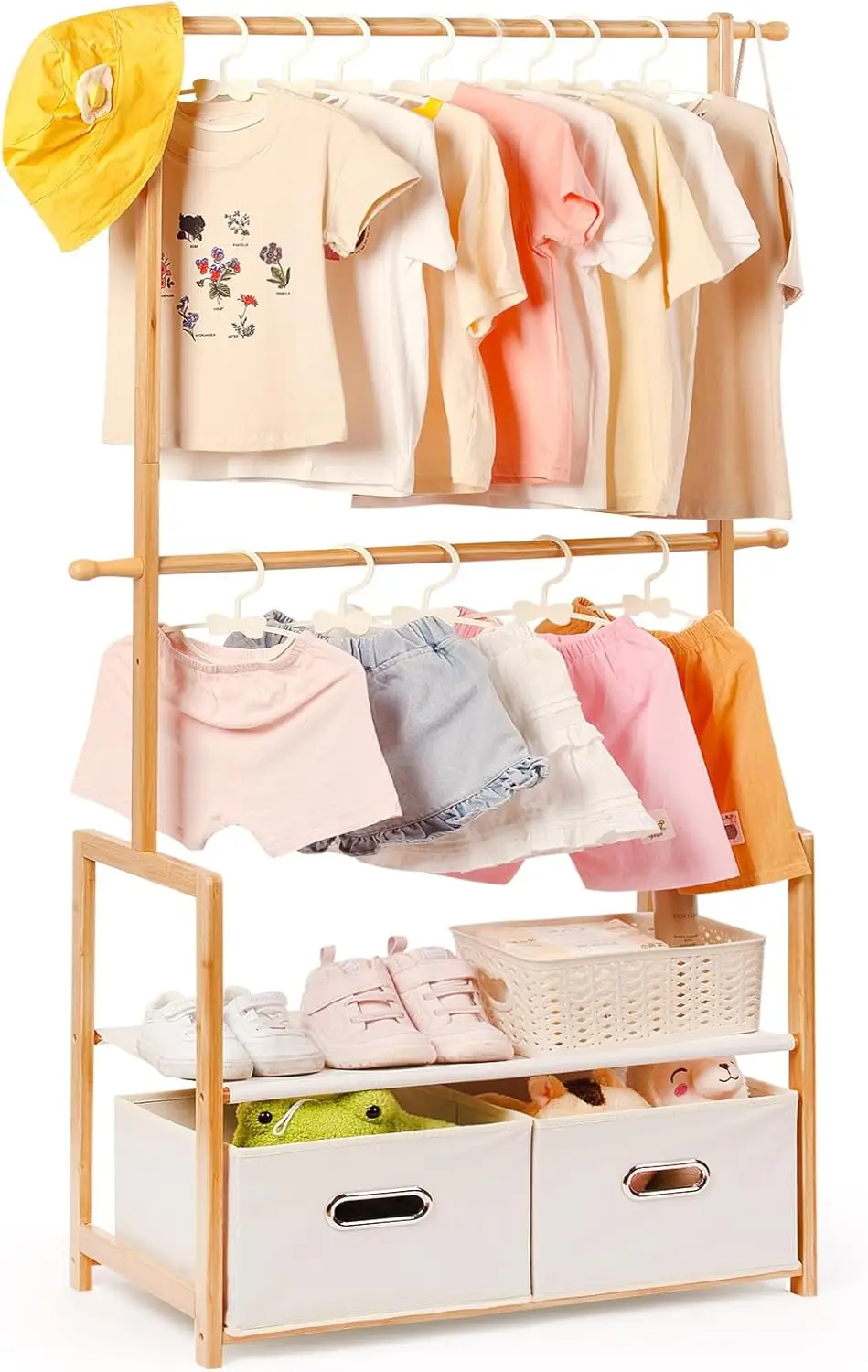 

Kids Bamboo Wooden Clothing Rack with Shelves, Baskets & Adjustable Rods for Small Spaces