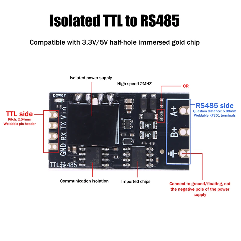 1/2Pcs Isolated TTL To RS485 Level Board Module Serial Automatic Reverse High Speed 2Mbps Half-duplex Communication Isolation