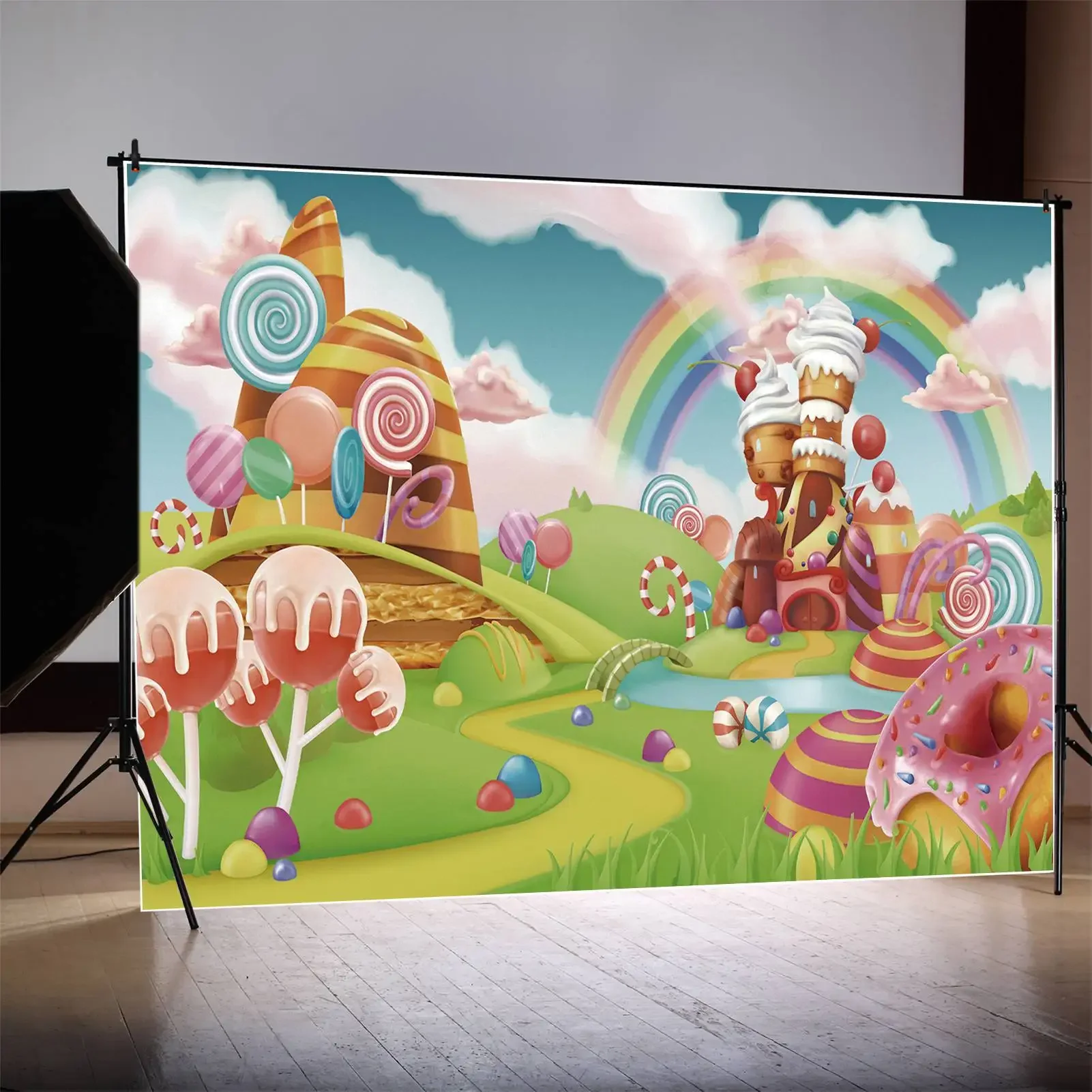 MOON.QG Candyland Photography Backdrop Candy Bar Rainbow Lollipop Birthday Party Photozone Background Sign Photo Shooting Props