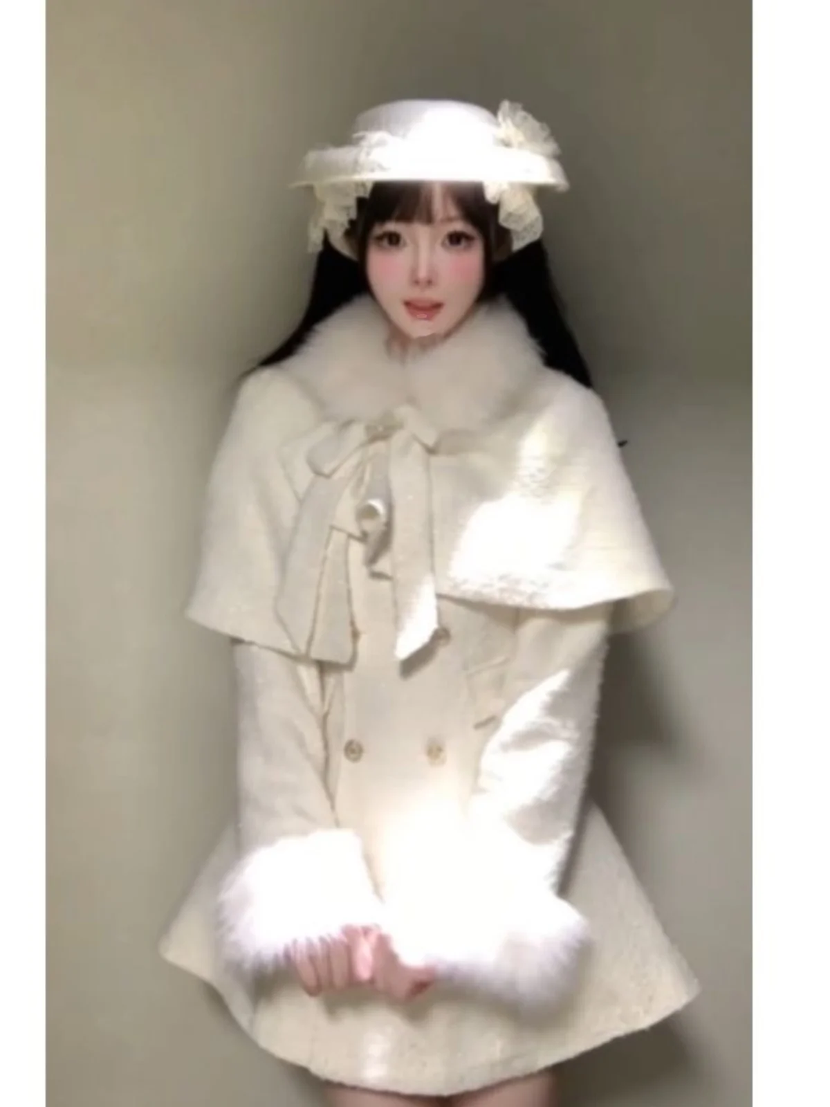 

White Knot Fur Collar Coat Waist Cinched Rich Girl Dress Set Autumn Winter Fashion Outerwear Polyester Long Sleeve ...