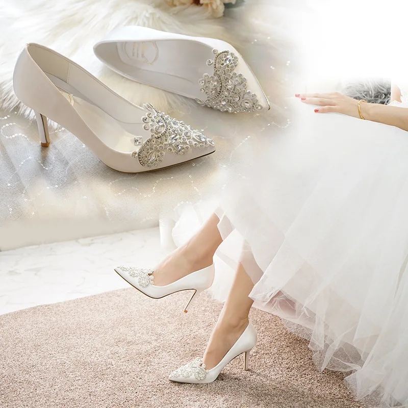 Pointed Head Shallow Mouth Rhinestone High Heel Women's Shoes Banquet Shoes Bridesmaid Wedding Dress Women's Single Shoes