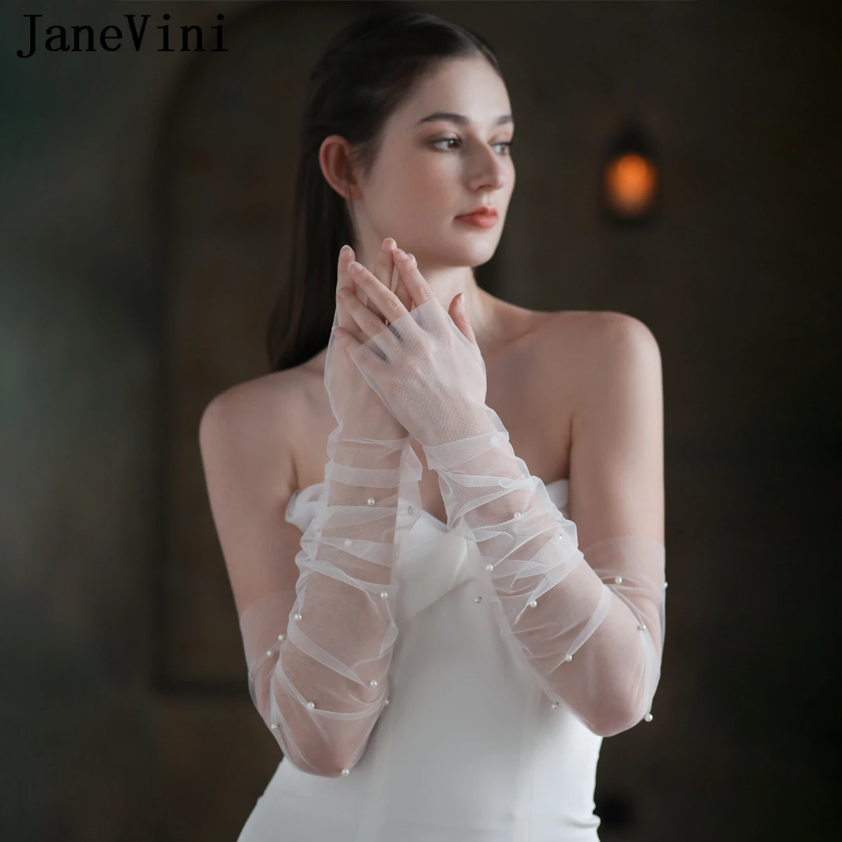 

JaneVini 50CM Long White Gloves Elegant Women Pearls Bridal Detachable Wedding Sleeves Fingerless Ruffle Black Tulle Bride Glove