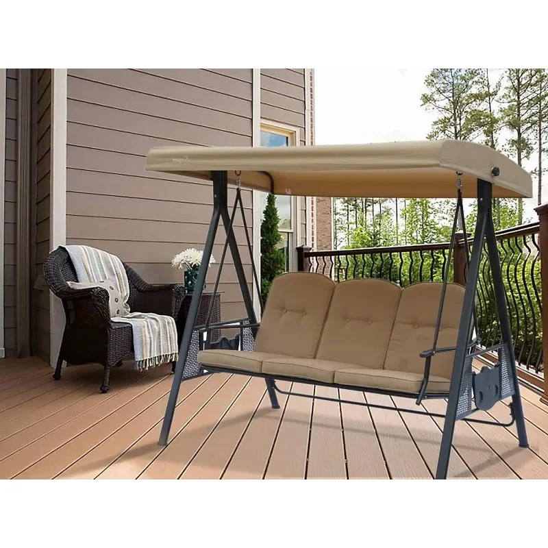 3 Seat Patio Swings with Canopy, Porch Swing Chair with Stand, Adjustable Canopy Swing Sets with Waterproof Winter/Rain Cover