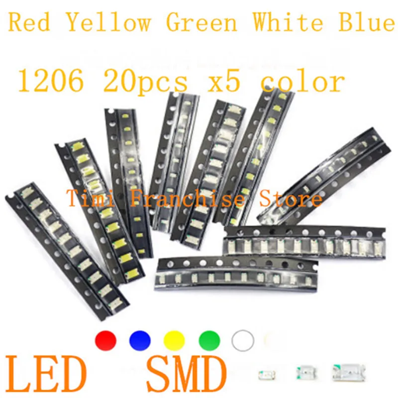 20pcs x5 color=100PCS 1206 SMD LED Red Yellow Green White Blue  Light Emitting Diode Clear LED Light Diode Kit