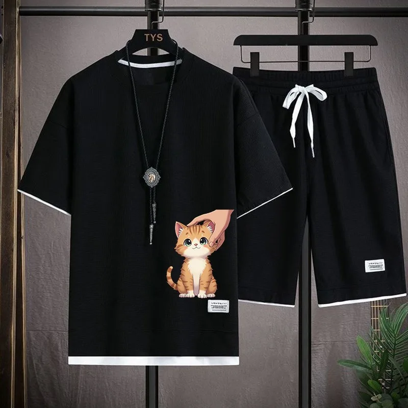 

New casual men's fashion 2026 summer pullover sports suit, basketball short sleeved T-shirt+shorts two-piece set