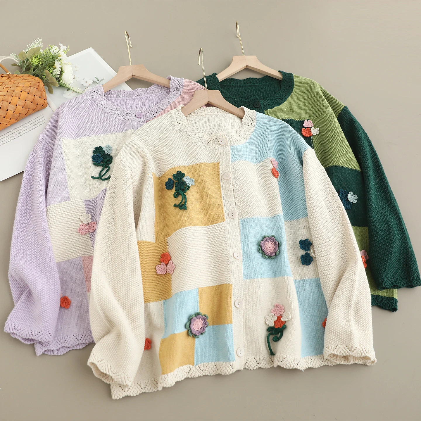 

Japanese Sweet Mori Girl Cartoon Flower Appliques Knitted Sweater Cardigan Women Autumn O-Neck Long Sleeve Casual Knitwear Coat