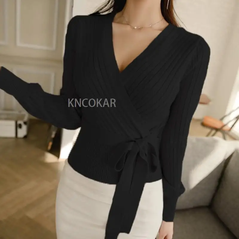 2023 Elegant Pink V Neck Lantern Sleeve Lacing up Wrap Sweater Women Spring Fall Black OL Cardigan Knitted Jumper Ladies Tops