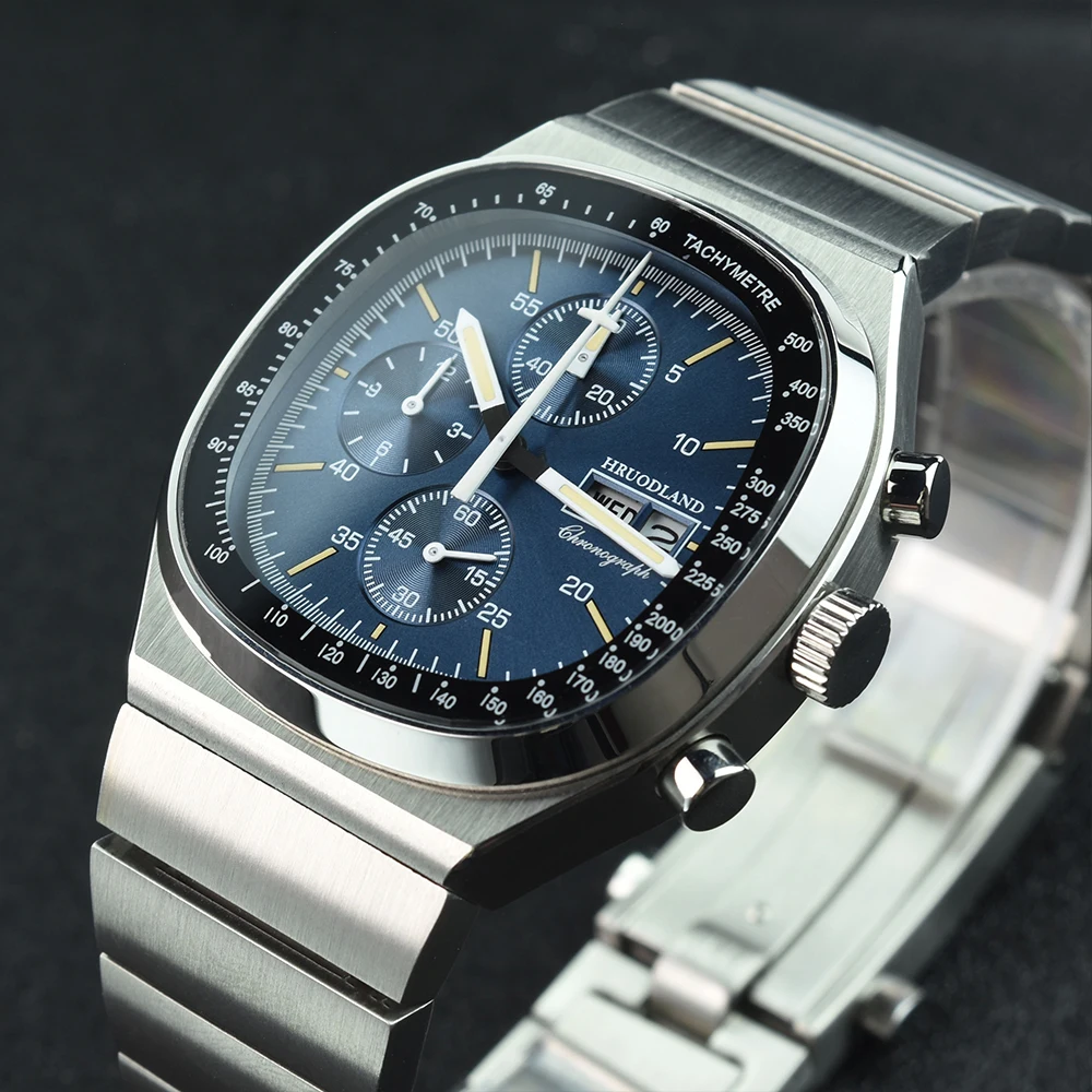 2025 Hruodland New F022 Retro Quartz Chronograph Men Watches Sapphire Glass Blue Black Stainless Steel Fashion Dress Wristwatch