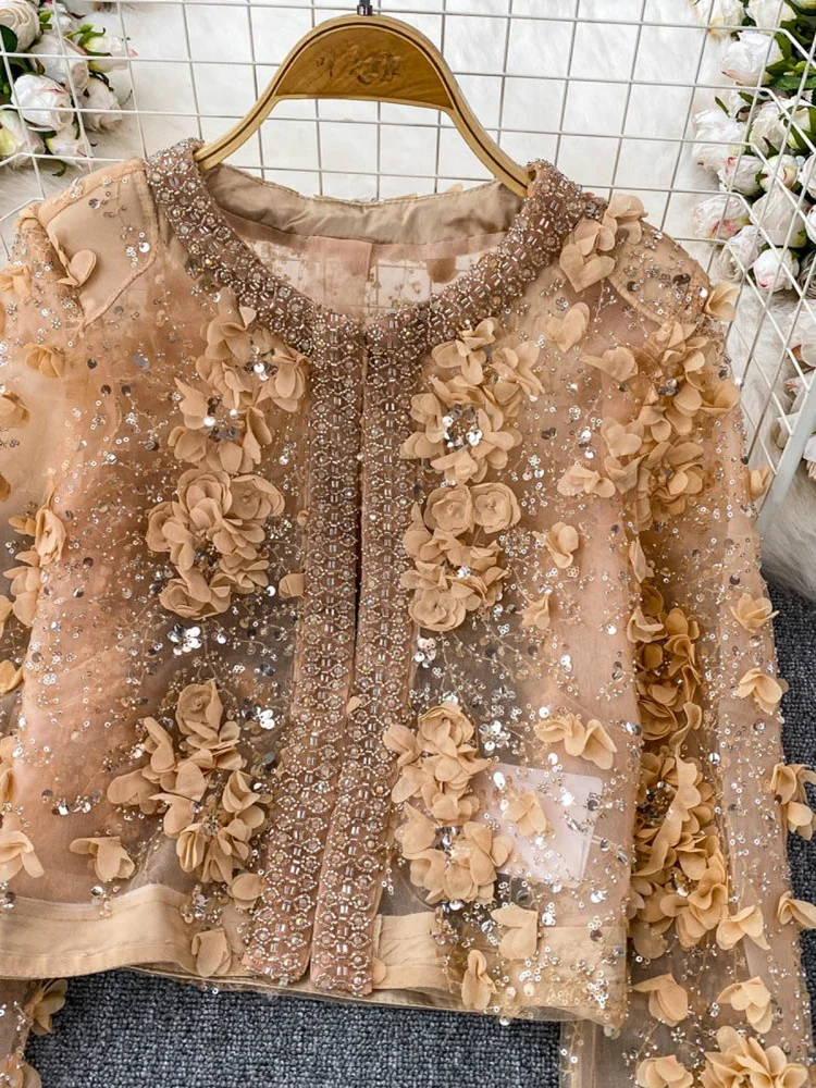 

Женское облегающее летнее пальто Ele Round Ne Sequin Embellied Jaet с цветочным принтом и цветочным центром Advanced Sense European Sle ort