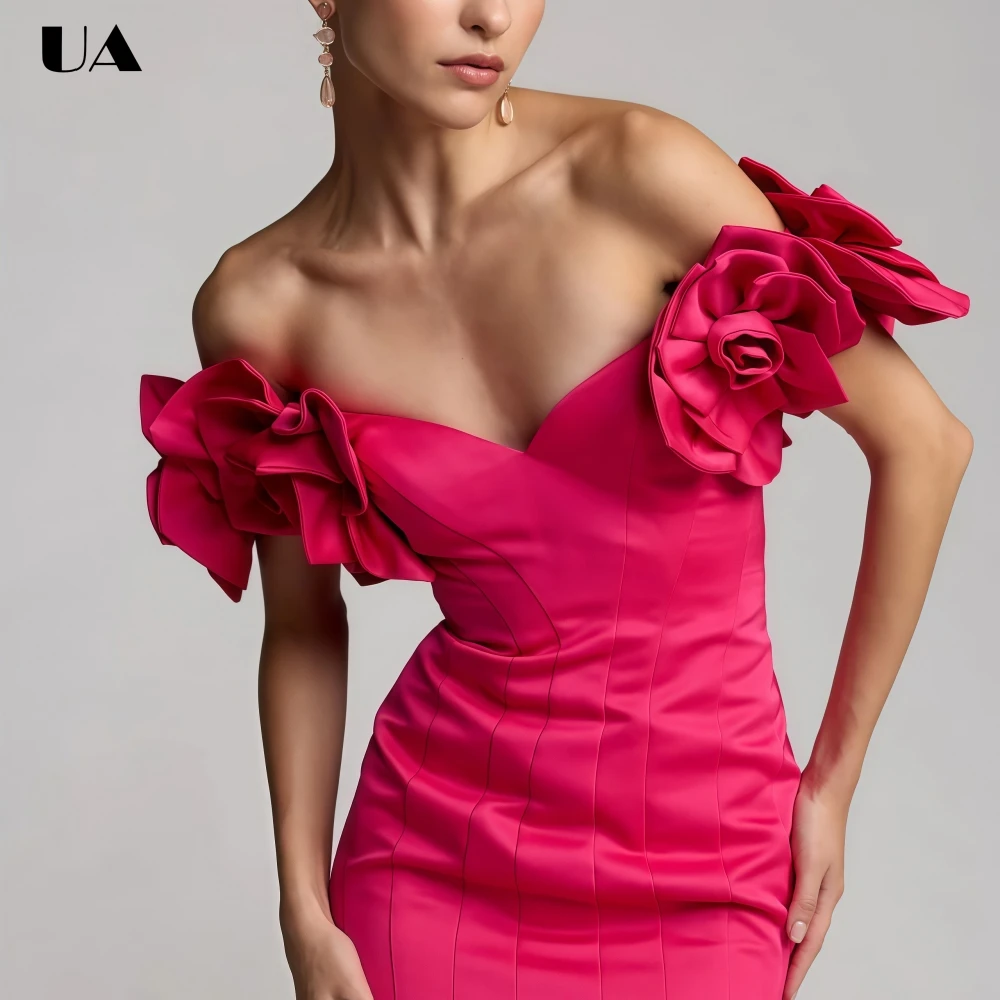 

ULBYANRY Customized Satin Flower Off-the-shoulder Prom Dresses for Women, Elegant Mermaid Evening Dress, Formal V-neck Ball Gown