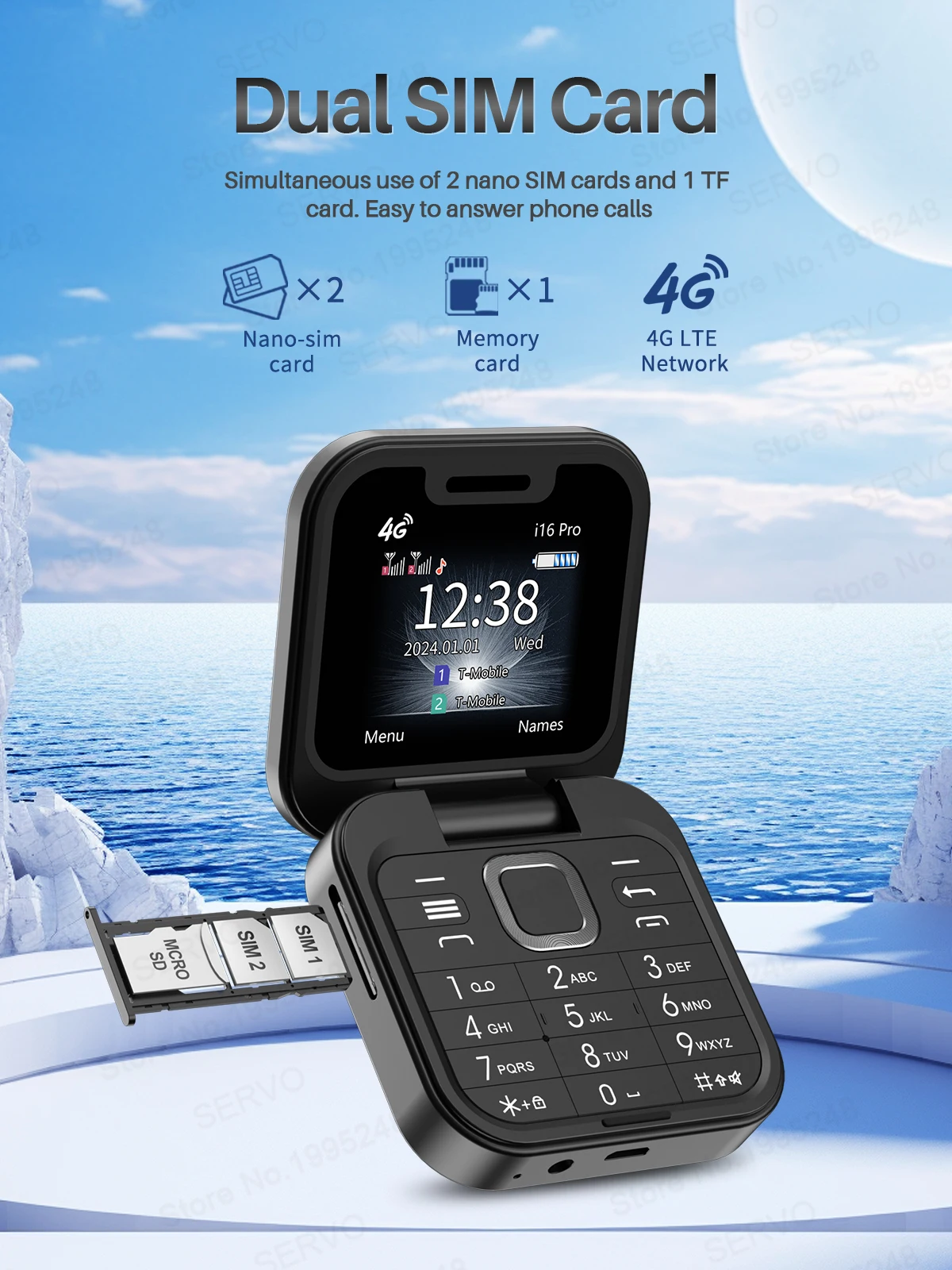 SERVO Mini Flip Feature Phone 1.77" HD Display 4G LTE Dual SIM Speed Dial Call Recording Blacklist Video Unlocked Fold Cellphone