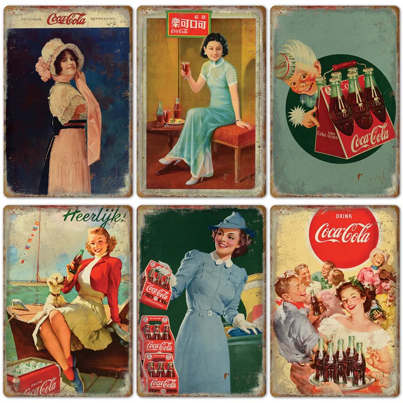 Vintage Cola Logo Metal Poster Retro Decorative Cola Tinplate Plaque Wall Frameless Decoration Suitable for Cafe Restaurant Bar