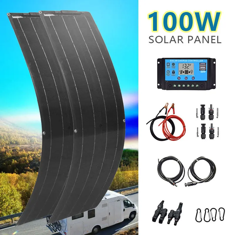 

100W 18V Flexible Solar Panel Kit - Portable Renewable Energy System with Charge Controller & Cables