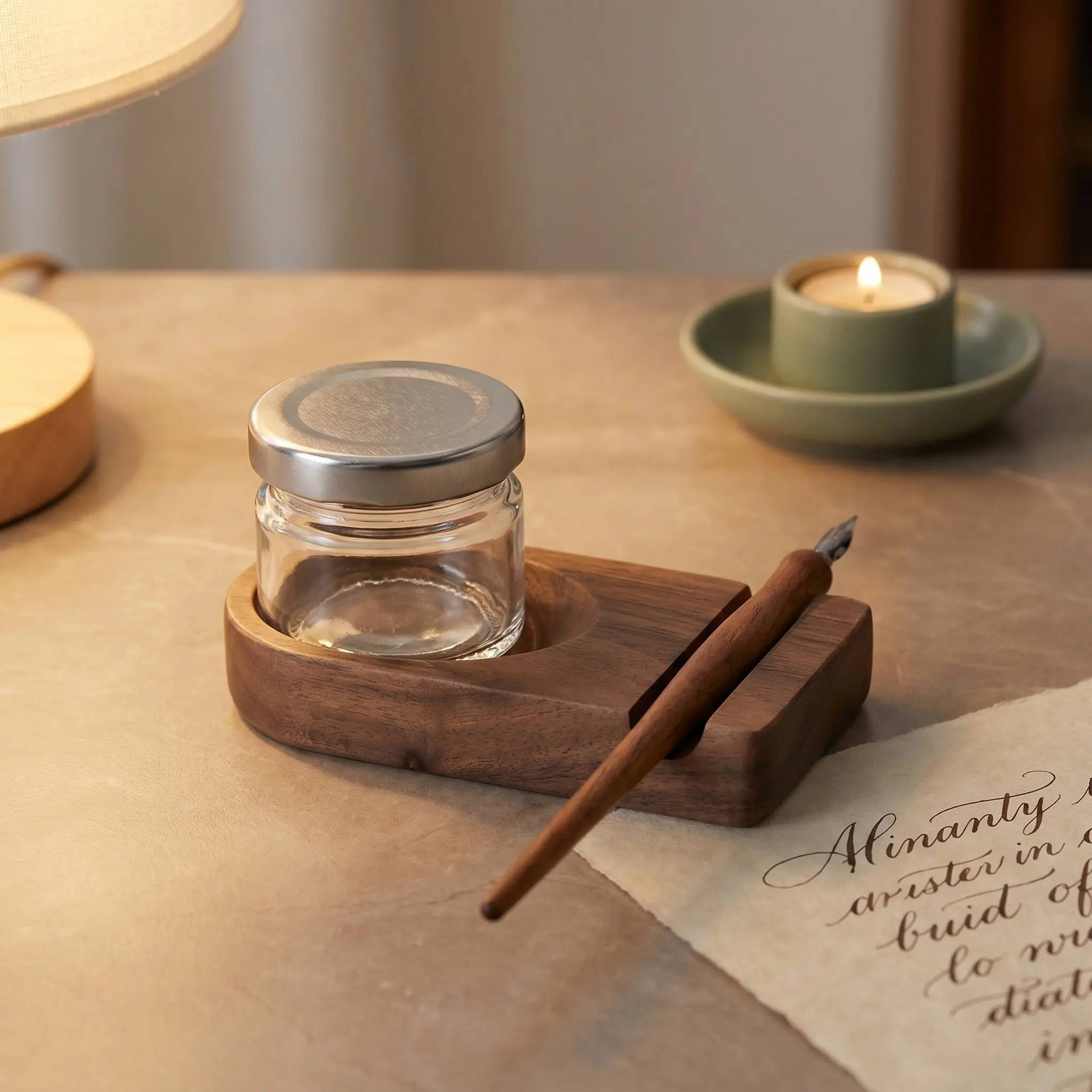 1Set Wooden Dip Pen Stand Ink Well Stable Calligraphy Pen Rest Oblique Nib Holder Desk Organizer for Hand Lettering Drawing