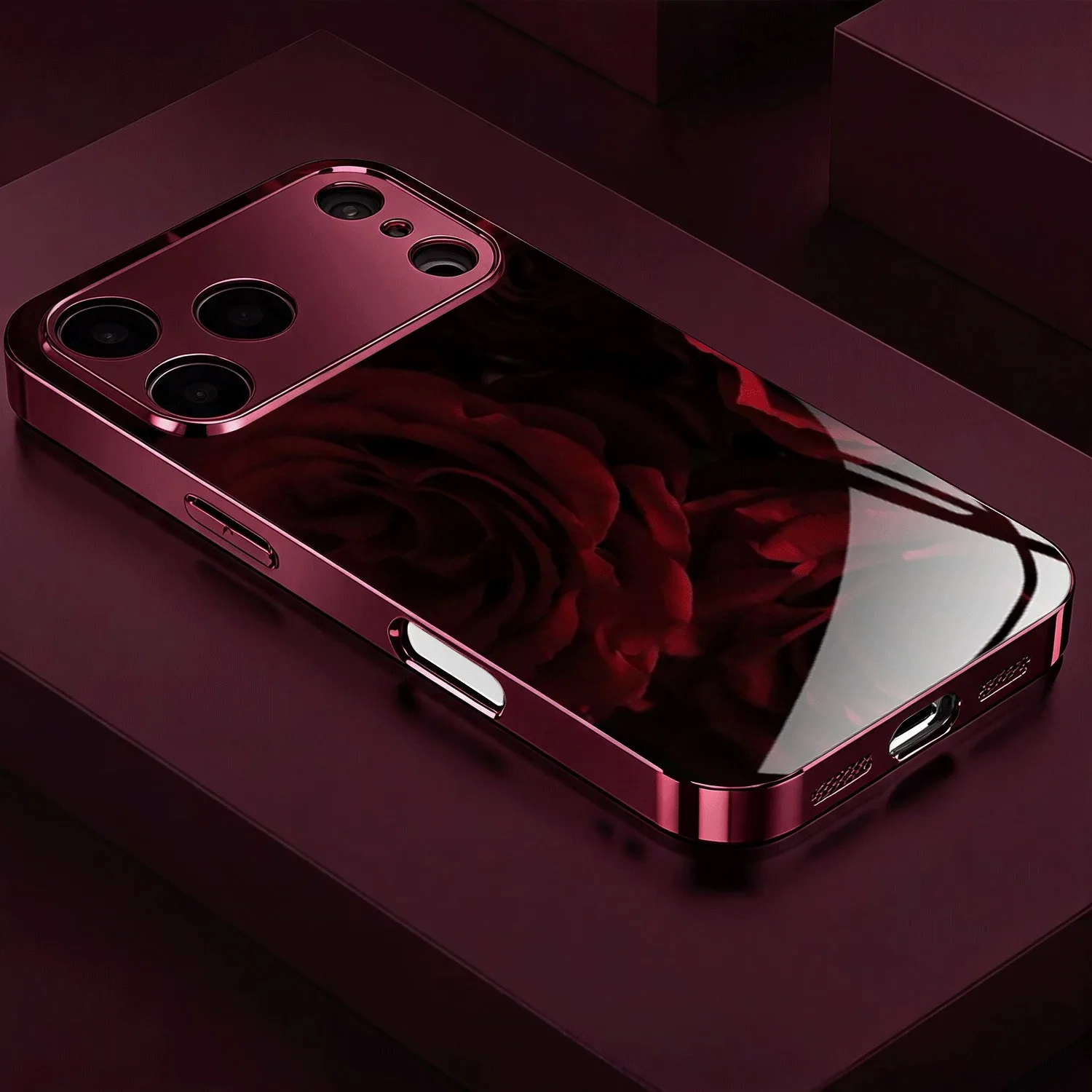 A vibrant burgundy rose pattern Electroplated Glass Case Compatible with iPhone 11 12 13 14 15 16 17 and 18 Series Max Pro Plus