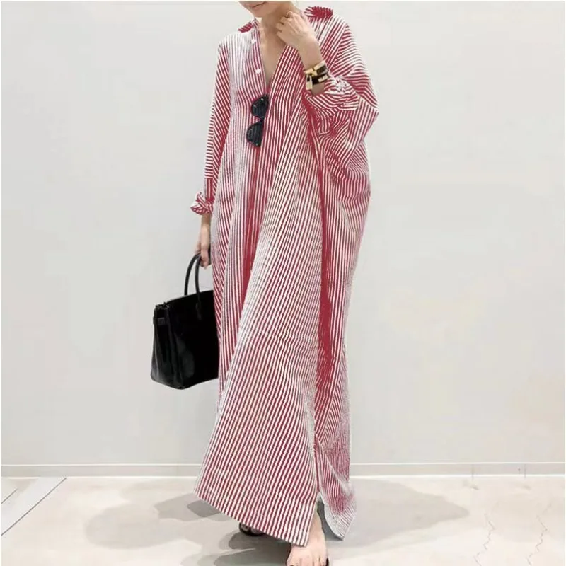 Spring Summer Dress Cotton Striped Shirt Dress Women Large Size Muslim Robe Long Sleeve Irregular Long Vestidos S-5XL Lady Robe