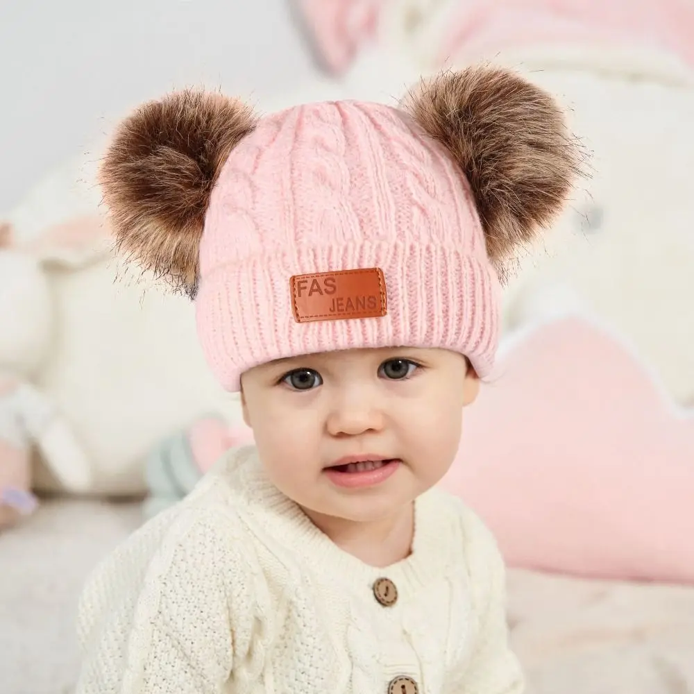 Solid Color Baby Hat Scarf Gloves Set Warm Thicken Knitted Beanie Toddler Bonnet Pompom Windproof Winter Hat Scarf Gloves view 4
