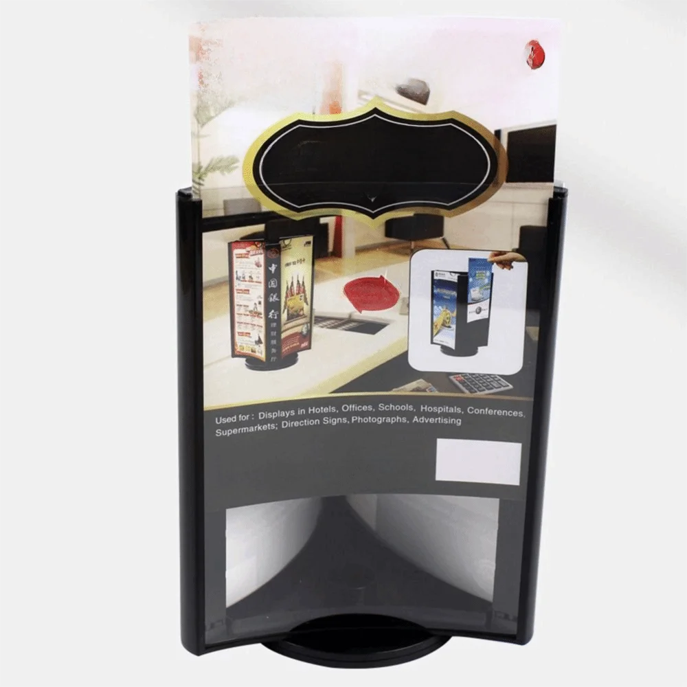 Scheda da tavolo girevole in acrilico a tre lati Porta cartello per menu trasparente A4/A5 Espositore per menu con superficie ad arco facile da montare
