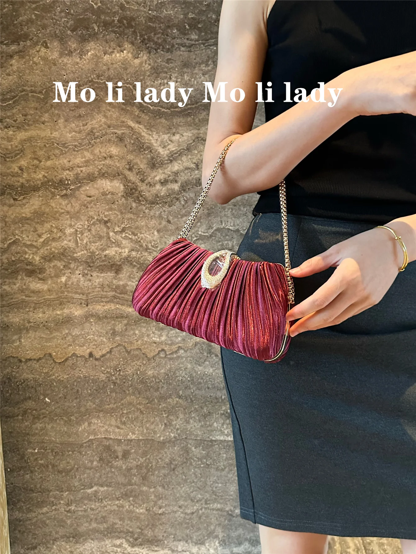 

2025 New Satin Wine Red Pleated Evening Bag Women's Handbag Name Lady's Dress Shoulder Crossbody Bag for Youth Dail...