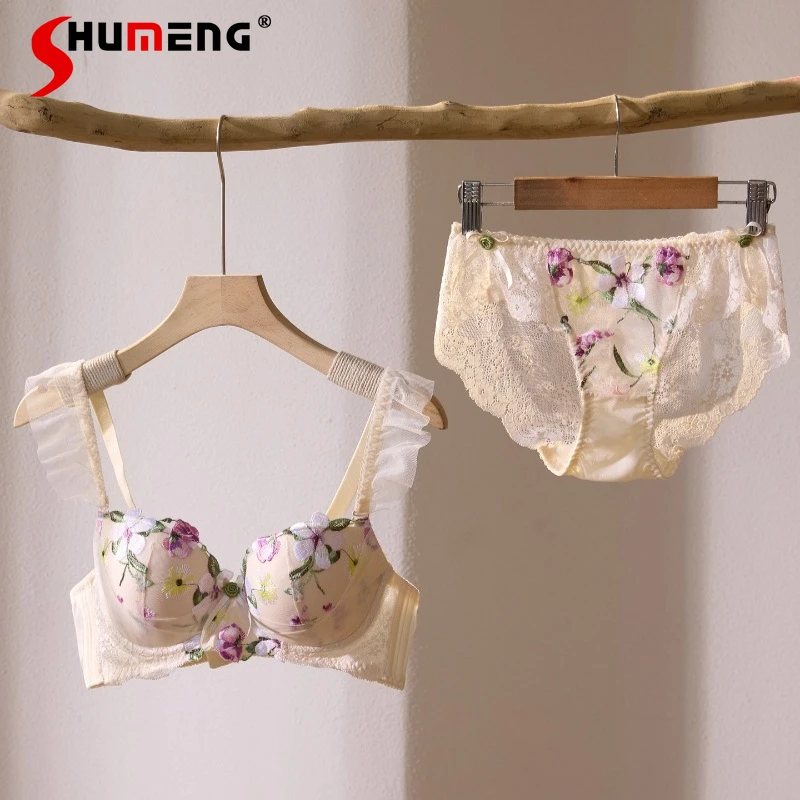 

Комплект с бюстгальтером пуш-ап с глубоким V-образным вырезом для женщин, большой бюст, мягкие короткие костюмы на косточках, женский комплект нижнего белья в японском стиле с цветочным принтом