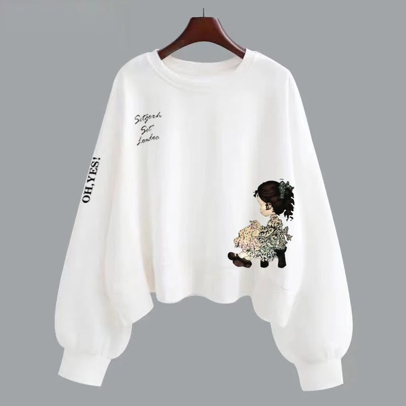 Women\'s Clothing 2024 Spring Autumn Trendy Funny Kawaii Cartoon Print Sweatshirt Casual O Neck Long Sleeve Cotton Pullover Tops