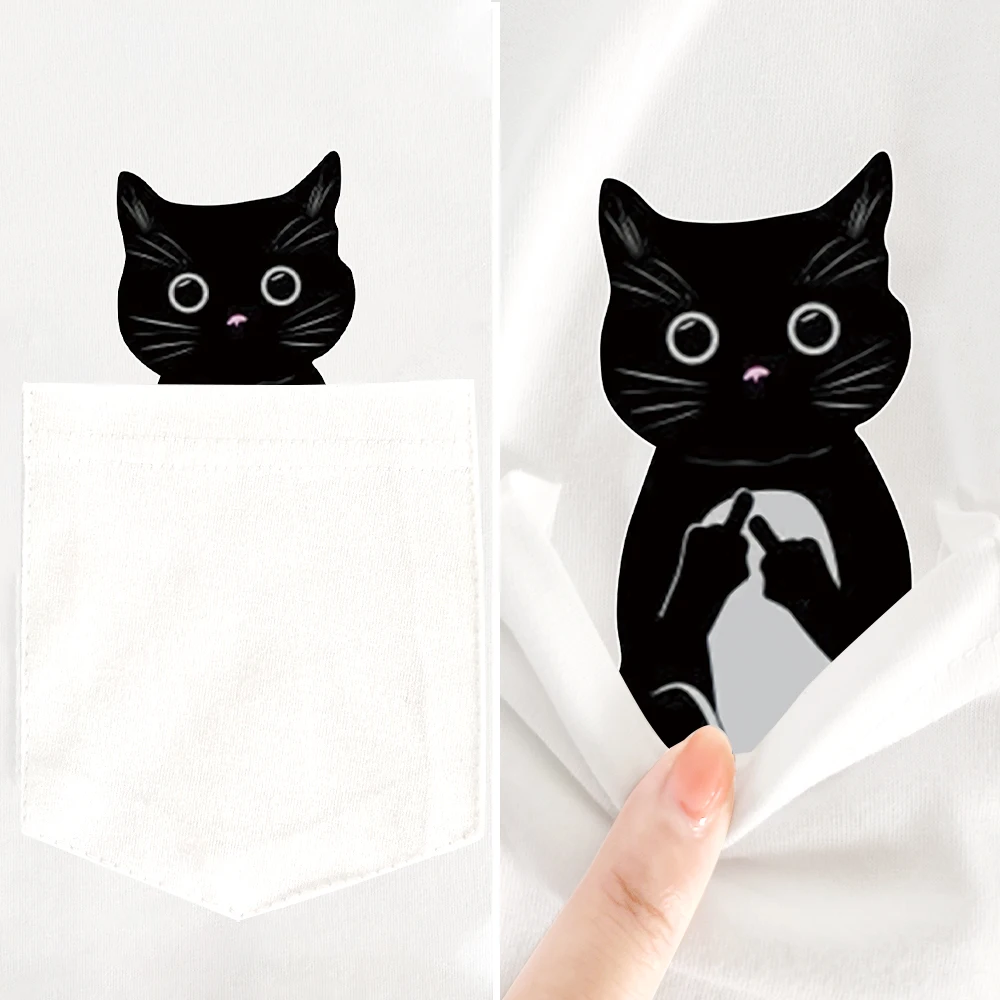 CLOOCL Animal Cotton T-Shirts Cartoon Black Cat Double Middle Finger Pocket T-shirt Mens Women Short Sleeve Shirts Dropshipping