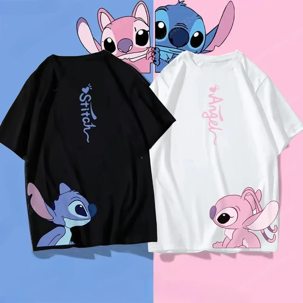 Family Outfits Summer Disney Stitch and Angel Couple Cotton T Shirt Men Women Short Sleeve Boys Girls Kids Tees Children Clothes