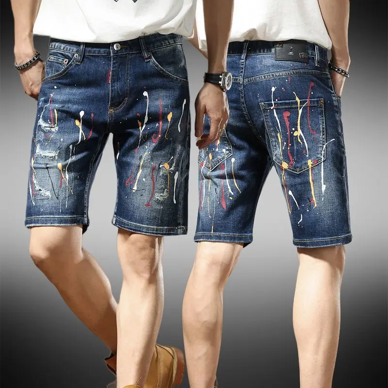 

Shorts Men's Trend American Casual Ink-splashed Printed Ripped Denim Shorts Men's Short Pants Elastic Versatile Medium Pants