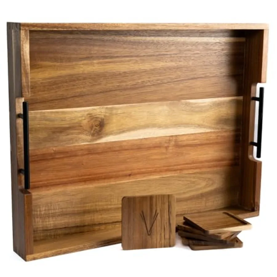 

Деревянный османский поднос из акации для гостиной и набор из 6 подставок, большой журнальный столик 21 дюйм, сервировочный поднос с ручками, идеально подходящий для еды