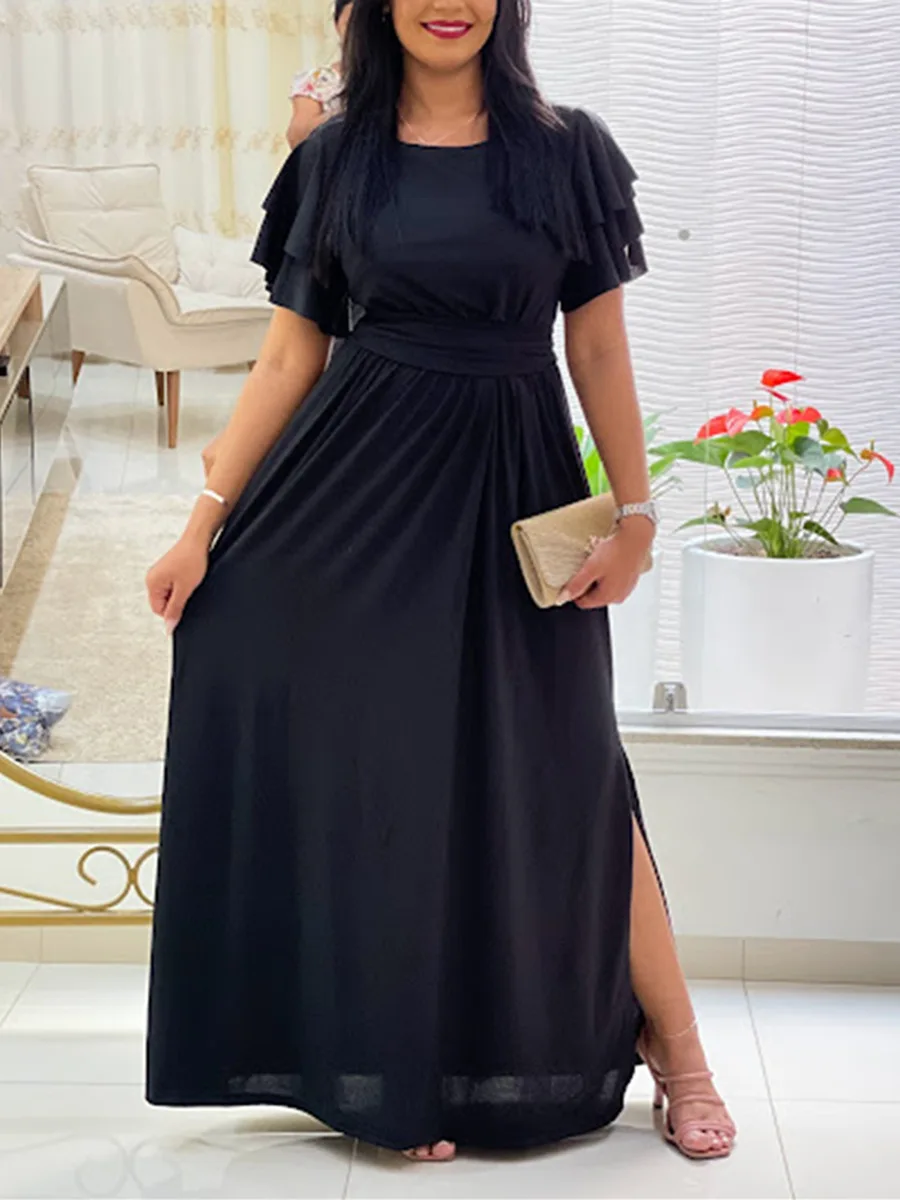 Woman Clothing Large Women's New 2024 Long Slept Solid Color Slide Sexy Flying Sleep Round Neck Black Plus Size Outdoor Dress