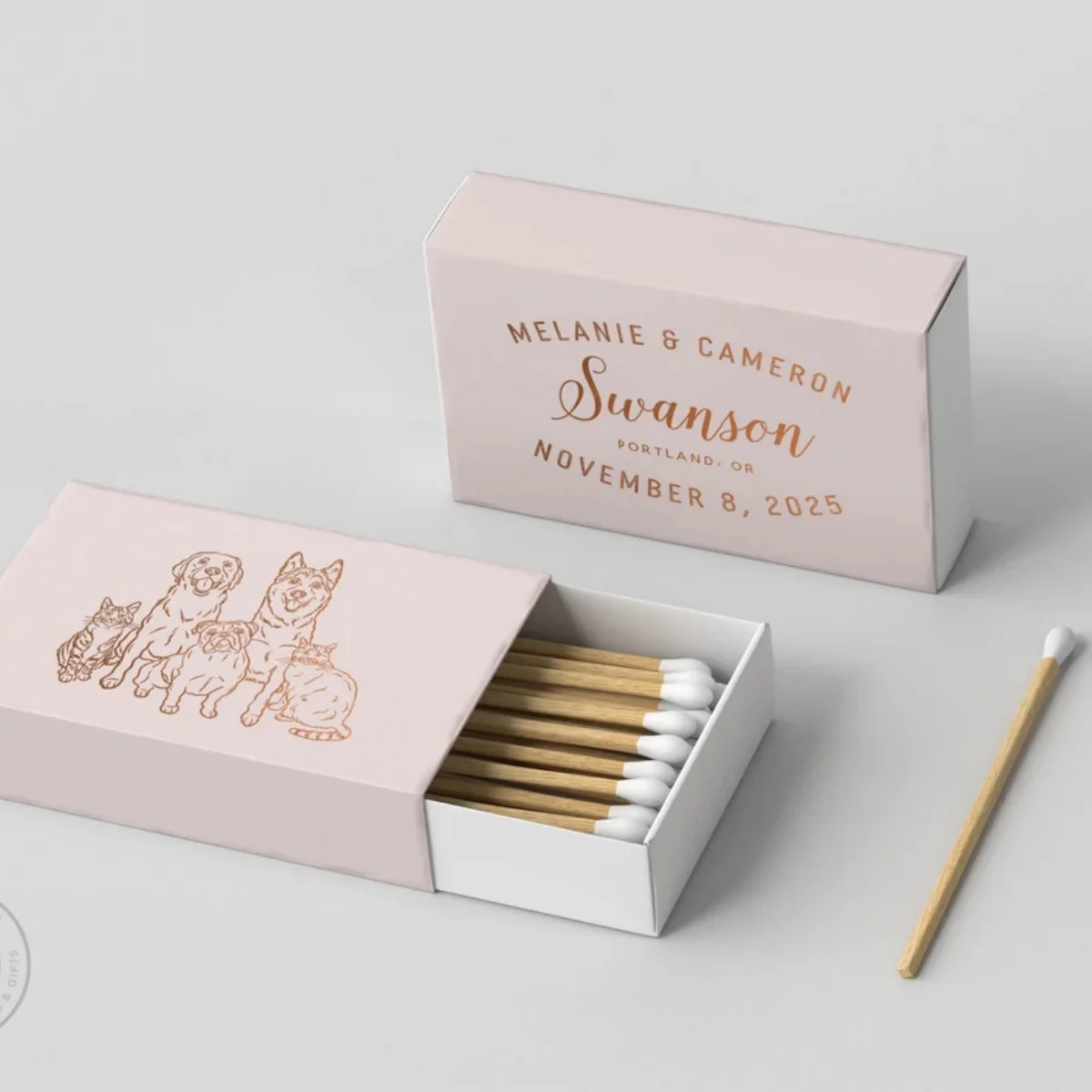 

Foiled Wedding Matchboxes #14 - Custom Pet Illustration, Wedding Matchbox, Wedding Match Favor, Matches, Candle Favor,