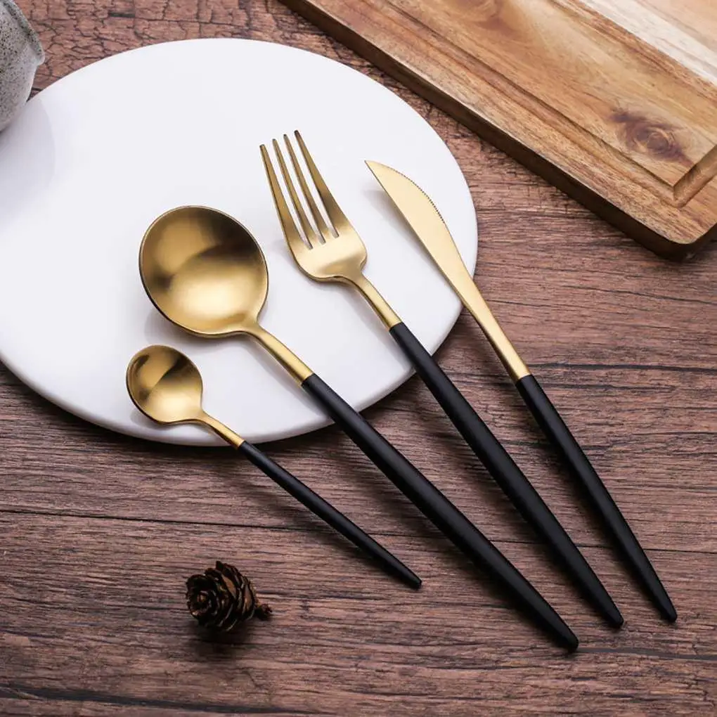 Black Plating Handle Golden Dinnerware 304 Stainless Steel Flatware Fork Spoons Western Tableware