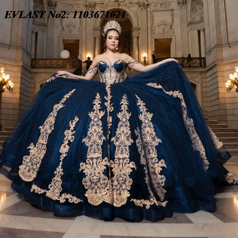 

EVLAST Customized Mexico Navy Blue Qinceanera Dress Ball Gown Shiny Gold Lace Applique Beading Sweet 16 Vestidos 15 Anos E2QA320