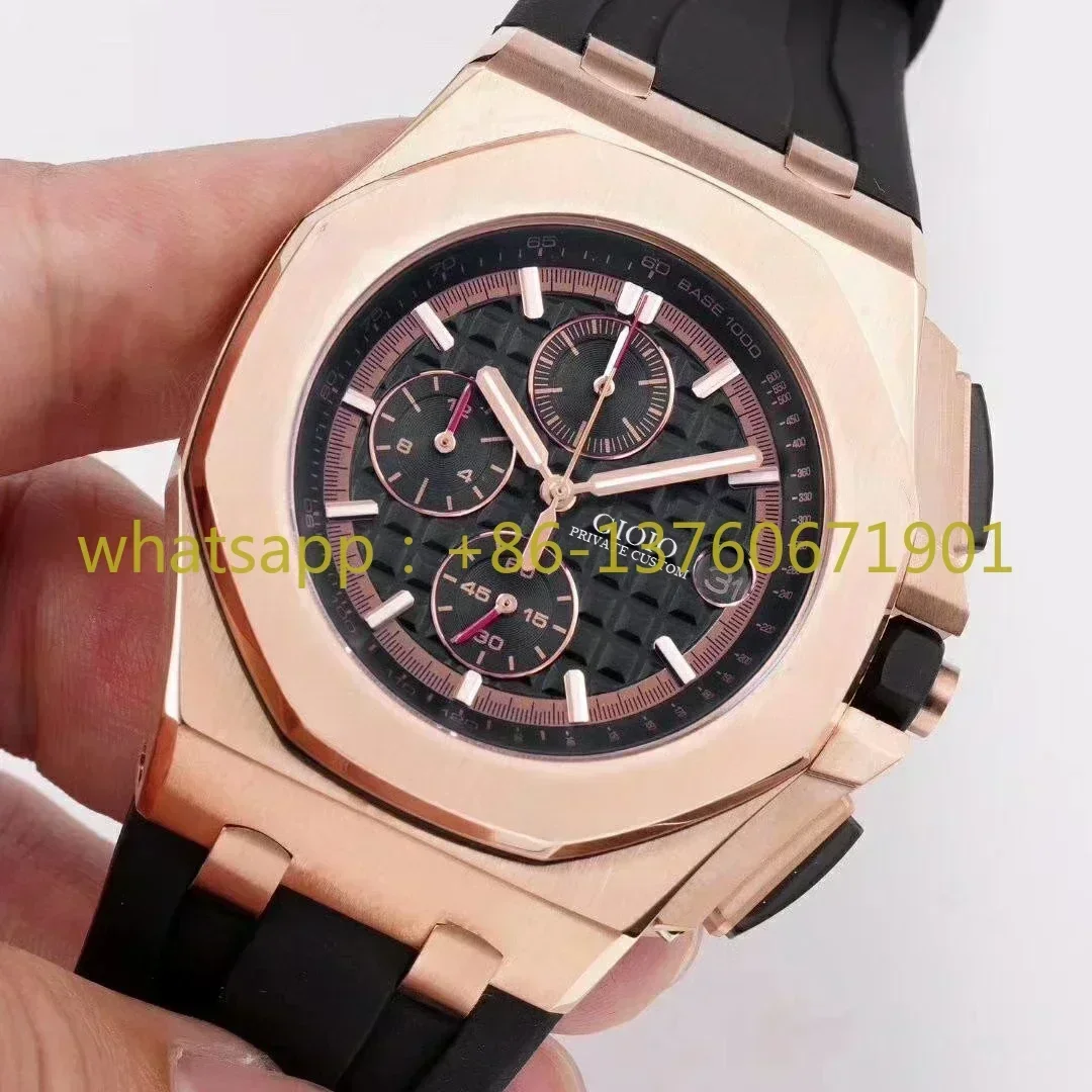 Luxury New Men Watch Quartz Chronograph Stainless Steel Sport Black Rubber Silver Rose Gold